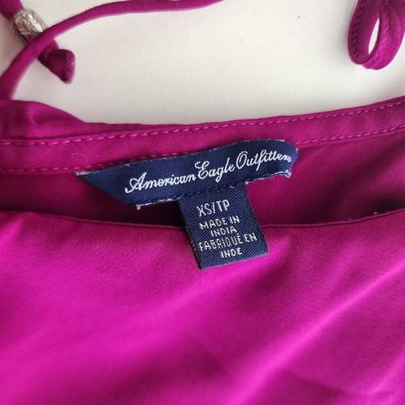 American Eagle Fushia Pink Silky Satin Ruffle V-Neck Dress Sleveless Sz XS - Picture 10 of 15